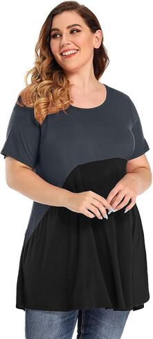 MONNURO Womens Short Sleeve Plus Size Tunic Tops Color Block Casual Loose Summer Swing Tee Shirts for Leggings in Saudi Arabia