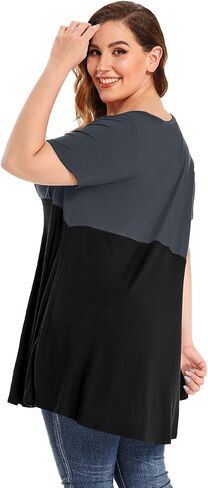MONNURO Womens Short Sleeve Plus Size Tunic Tops Color Block Casual Loose Summer Swing Tee Shirts for Leggings in Saudi Arabia