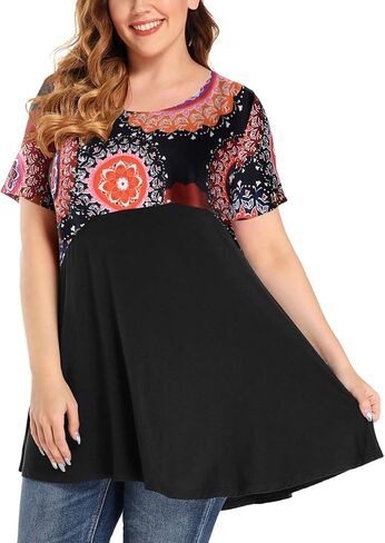 MONNURO Womens Short Sleeve Plus Size Tunic Tops Color Block Casual Loose Summer Swing Tee Shirts for Leggings in Saudi Arabia