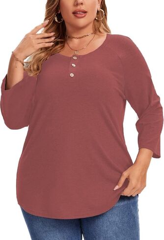 Plus Size Tops for Women 3/4 Sleeve Shirts Crewneck Color Block Blouse Casual Henley Tops in Kuwait
