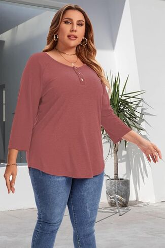Plus Size Tops for Women 3/4 Sleeve Shirts Crewneck Color Block Blouse Casual Henley Tops in Kuwait