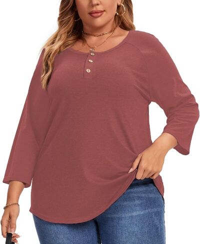Plus Size Tops for Women 3/4 Sleeve Shirts Crewneck Color Block Blouse Casual Henley Tops in Kuwait