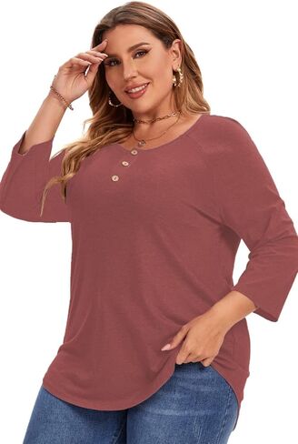 Plus Size Tops for Women 3/4 Sleeve Shirts Crewneck Color Block Blouse Casual Henley Tops in Kuwait