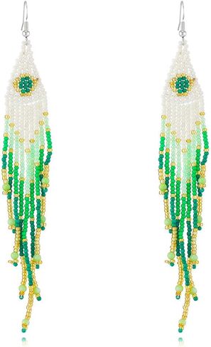 أقراط شرابة طويلة مطرزة بالخرز البوهيمي أقراط مصنوعة يدويًا للنساء والفتيات أقراط متدلية كلاسيكية بشراشيب للهدايا in Kuwait