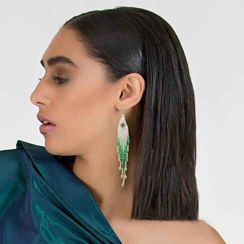 أقراط شرابة طويلة مطرزة بالخرز البوهيمي أقراط مصنوعة يدويًا للنساء والفتيات أقراط متدلية كلاسيكية بشراشيب للهدايا in Kuwait