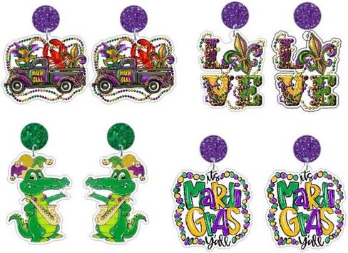 Wonlte 4 Pairs Mardi Gras Earrings for Women Girls Carnival Parade Mask Lobster Modelling Earrings Set Fleur De Lis Earrings Acrylic Mardi Gars Jewelry for Fat Tuesday Celebrations Party in Saudi Arabia
