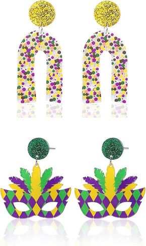 Wonlte 4 Pairs Mardi Gras Earrings for Women Girls Carnival Parade Mask Lobster Modelling Earrings Set Fleur De Lis Earrings Acrylic Mardi Gars Jewelry for Fat Tuesday Celebrations Party in Saudi Arabia