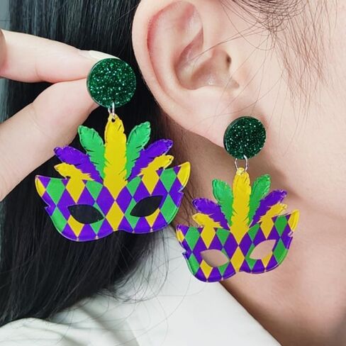 Wonlte 4 Pairs Mardi Gras Earrings for Women Girls Carnival Parade Mask Lobster Modelling Earrings Set Fleur De Lis Earrings Acrylic Mardi Gars Jewelry for Fat Tuesday Celebrations Party in Saudi Arabia