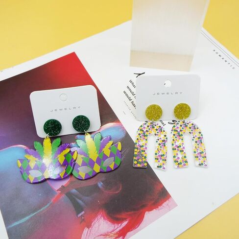 Wonlte 4 Pairs Mardi Gras Earrings for Women Girls Carnival Parade Mask Lobster Modelling Earrings Set Fleur De Lis Earrings Acrylic Mardi Gars Jewelry for Fat Tuesday Celebrations Party in Saudi Arabia