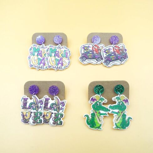 Wonlte 4 Pairs Mardi Gras Earrings for Women Girls Carnival Parade Mask Lobster Modelling Earrings Set Fleur De Lis Earrings Acrylic Mardi Gars Jewelry for Fat Tuesday Celebrations Party in Saudi Arabia