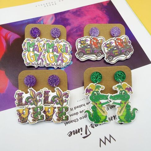 Wonlte 4 Pairs Mardi Gras Earrings for Women Girls Carnival Parade Mask Lobster Modelling Earrings Set Fleur De Lis Earrings Acrylic Mardi Gars Jewelry for Fat Tuesday Celebrations Party in Saudi Arabia