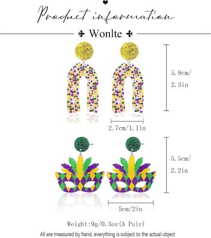 Wonlte 4 Pairs Mardi Gras Earrings for Women Girls Carnival Parade Mask Lobster Modelling Earrings Set Fleur De Lis Earrings Acrylic Mardi Gars Jewelry for Fat Tuesday Celebrations Party in Saudi Arabia