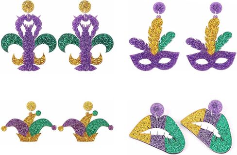 Wonlte 4 Pairs Mardi Gras Earrings for Women Girls Carnival Parade Mask Lobster Modelling Earrings Set Fleur De Lis Earrings Acrylic Mardi Gars Jewelry for Fat Tuesday Celebrations Party in Kuwait