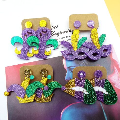 Wonlte 4 Pairs Mardi Gras Earrings for Women Girls Carnival Parade Mask Lobster Modelling Earrings Set Fleur De Lis Earrings Acrylic Mardi Gars Jewelry for Fat Tuesday Celebrations Party in Kuwait