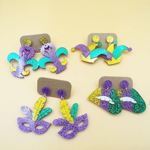 Wonlte 4 Pairs Mardi Gras Earrings for Women Girls Carnival Parade Mask Lobster Modelling Earrings Set Fleur De Lis Earrings Acrylic Mardi Gars Jewelry for Fat Tuesday Celebrations Party in Kuwait
