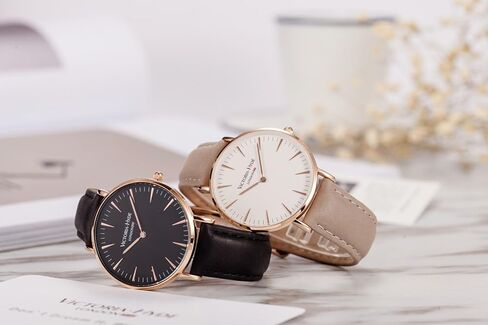 ساعة يد فيكتوريا هايد بسيطة وسهلة القراءة للرجال والنساء مع حزام من الجلد الطبيعي قابل للفصل أسود ورمادي مقاوم للماء in Kuwait