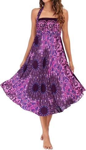 Women's Summer Cover Up Skirt High Waist Fall Boho Fitted Bohemian Printed Spring Smocked Beach Dresses in Saudi Arabia