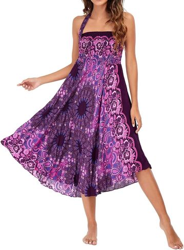 Women's Summer Cover Up Skirt High Waist Fall Boho Fitted Bohemian Printed Spring Smocked Beach Dresses in Saudi Arabia