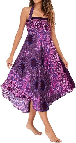 Women's Summer Cover Up Skirt High Waist Fall Boho Fitted Bohemian Printed Spring Smocked Beach Dresses in Saudi Arabia