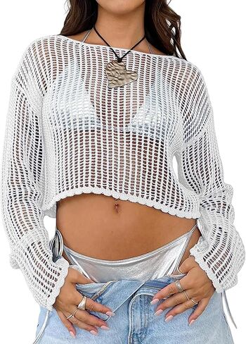 Lauweion Women's Crochet Long Sleeve Crop Tops Knit Hollow Out Boat Neck Mesh Summer Beach Cover Up Shirt in Kuwait
