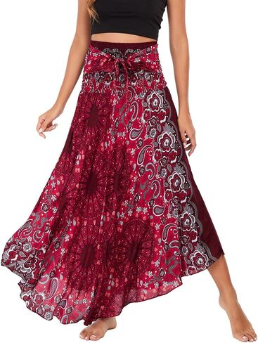 Women's Summer Cover Up Skirt High Waist Fall Boho Fitted Bohemian Printed Spring Smocked Beach Dresses in Saudi Arabia