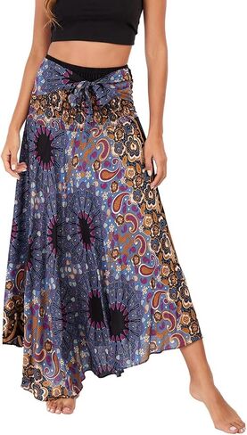 Women's Summer Cover Up Skirt High Waist Fall Boho Fitted Bohemian Printed Spring Smocked Beach Dresses in Saudi Arabia