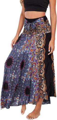 Women's Summer Cover Up Skirt High Waist Fall Boho Fitted Bohemian Printed Spring Smocked Beach Dresses in Saudi Arabia