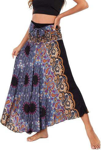 Women's Summer Cover Up Skirt High Waist Fall Boho Fitted Bohemian Printed Spring Smocked Beach Dresses in Saudi Arabia