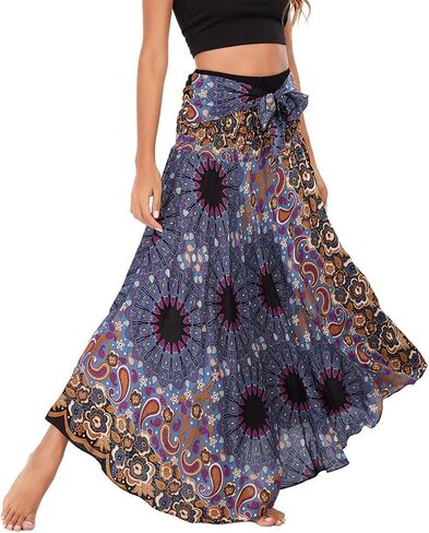 Women's Summer Cover Up Skirt High Waist Fall Boho Fitted Bohemian Printed Spring Smocked Beach Dresses in Saudi Arabia