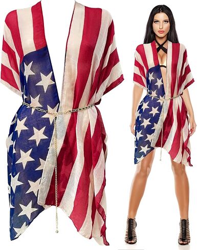 American Flag Print Cardigan, July 4th USA Star Stripe Patriotic Shawl Open Kimono Cardi Vest Cover up Scarf for Summer Beach Poncho Tunic in Kuwait