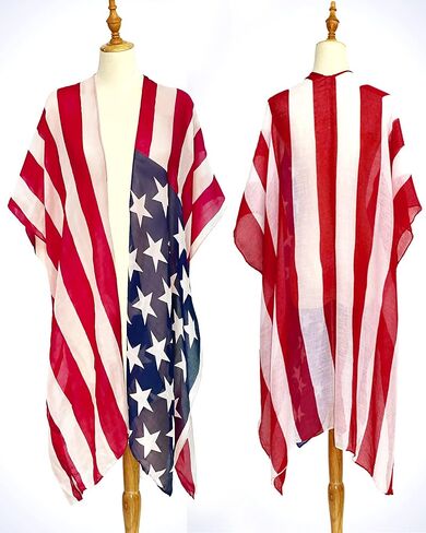 American Flag Print Cardigan, July 4th USA Star Stripe Patriotic Shawl Open Kimono Cardi Vest Cover up Scarf for Summer Beach Poncho Tunic in Kuwait