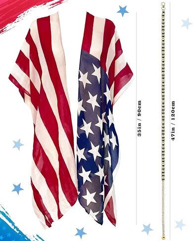 American Flag Print Cardigan, July 4th USA Star Stripe Patriotic Shawl Open Kimono Cardi Vest Cover up Scarf for Summer Beach Poncho Tunic in Kuwait