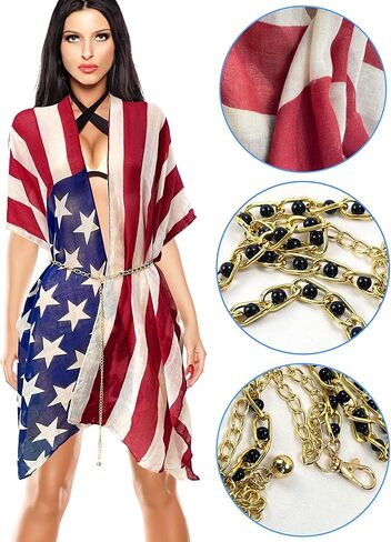 American Flag Print Cardigan, July 4th USA Star Stripe Patriotic Shawl Open Kimono Cardi Vest Cover up Scarf for Summer Beach Poncho Tunic in Kuwait