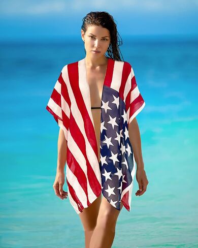 American Flag Print Cardigan, July 4th USA Star Stripe Patriotic Shawl Open Kimono Cardi Vest Cover up Scarf for Summer Beach Poncho Tunic in Kuwait