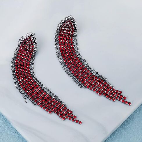 Mlouye Rhinestone Chandelier Pierced Earrings Dangling for Women Girls, Triangle Tassel Fringe Crystals Dangle Earring for Prom Party in Saudi Arabia