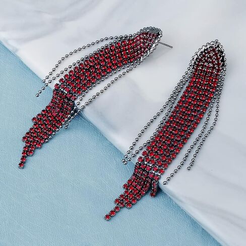 Mlouye Rhinestone Chandelier Pierced Earrings Dangling for Women Girls, Triangle Tassel Fringe Crystals Dangle Earring for Prom Party in Saudi Arabia