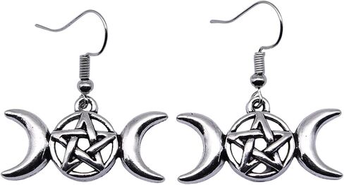 Triple Moon Goddess Earrings for Women Girls Creative Bohemian Vintage Antique Silver Wicca Pentagram Pentacle Star Magic Amulet Talisman Drop Dangle Symbol Earrings Jewelry Gifts in Saudi Arabia