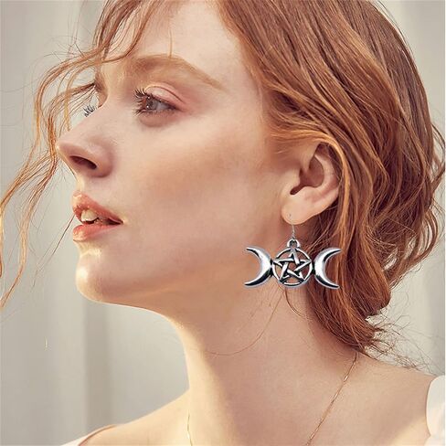 Triple Moon Goddess Earrings for Women Girls Creative Bohemian Vintage Antique Silver Wicca Pentagram Pentacle Star Magic Amulet Talisman Drop Dangle Symbol Earrings Jewelry Gifts in Saudi Arabia