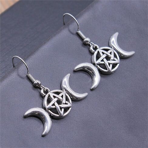 Triple Moon Goddess Earrings for Women Girls Creative Bohemian Vintage Antique Silver Wicca Pentagram Pentacle Star Magic Amulet Talisman Drop Dangle Symbol Earrings Jewelry Gifts in Saudi Arabia
