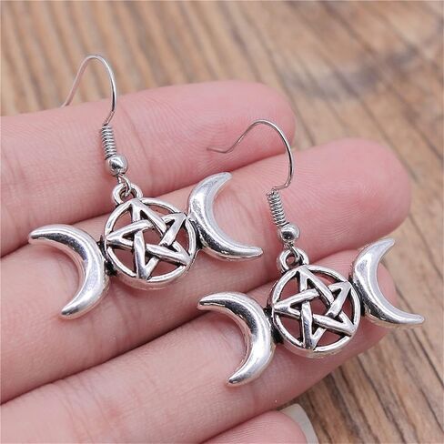 Triple Moon Goddess Earrings for Women Girls Creative Bohemian Vintage Antique Silver Wicca Pentagram Pentacle Star Magic Amulet Talisman Drop Dangle Symbol Earrings Jewelry Gifts in Saudi Arabia