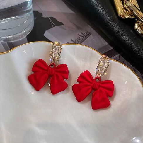Ribbon Bow Dangle Earrings Vintage Black Red Luxury Crystal Bow Tie Sparkly Party Sweet Wedding Bride Earrings in Saudi Arabia