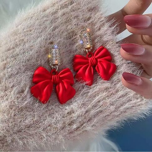 Ribbon Bow Dangle Earrings Vintage Black Red Luxury Crystal Bow Tie Sparkly Party Sweet Wedding Bride Earrings in Saudi Arabia