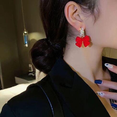 Ribbon Bow Dangle Earrings Vintage Black Red Luxury Crystal Bow Tie Sparkly Party Sweet Wedding Bride Earrings in Saudi Arabia