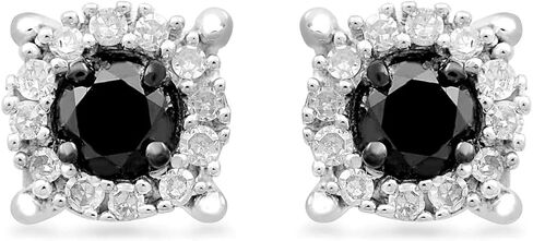 Jewelili Sterling Silver 1/4 Cttw Black or Blue and White Diamond Round Stud Earrings in Saudi Arabia