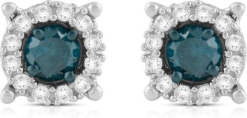 Jewelili Sterling Silver 1/4 Cttw Black or Blue and White Diamond Round Stud Earrings in Saudi Arabia