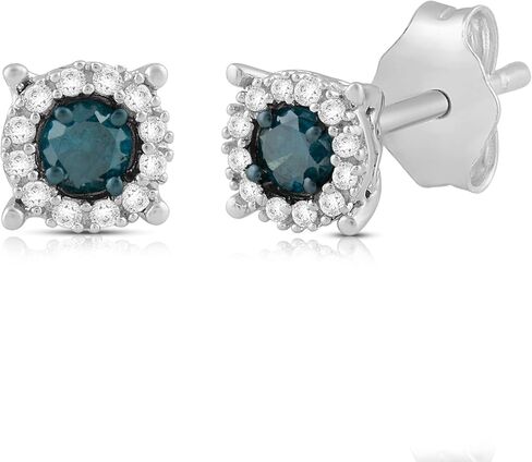 Jewelili Sterling Silver 1/4 Cttw Black or Blue and White Diamond Round Stud Earrings in Saudi Arabia