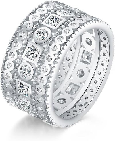 Mozume Sterling Silver 925 Princess Cubic Zirconia Simulated Diamond Eternity Statement Ring Cocktail Wide Band Best Gifts in Saudi Arabia