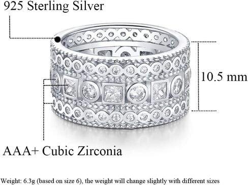 Mozume Sterling Silver 925 Princess Cubic Zirconia Simulated Diamond Eternity Statement Ring Cocktail Wide Band Best Gifts in Saudi Arabia