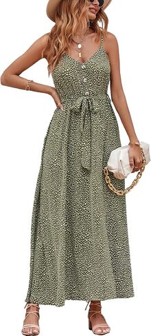 KIRUNDO Womens Summer Maxi Sun Dress Sexy Spaghetti Strap V Neck Flowy High Waist Split Beach Vacation Dresses with Belt in Saudi Arabia