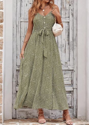 KIRUNDO Womens Summer Maxi Sun Dress Sexy Spaghetti Strap V Neck Flowy High Waist Split Beach Vacation Dresses with Belt in Saudi Arabia
